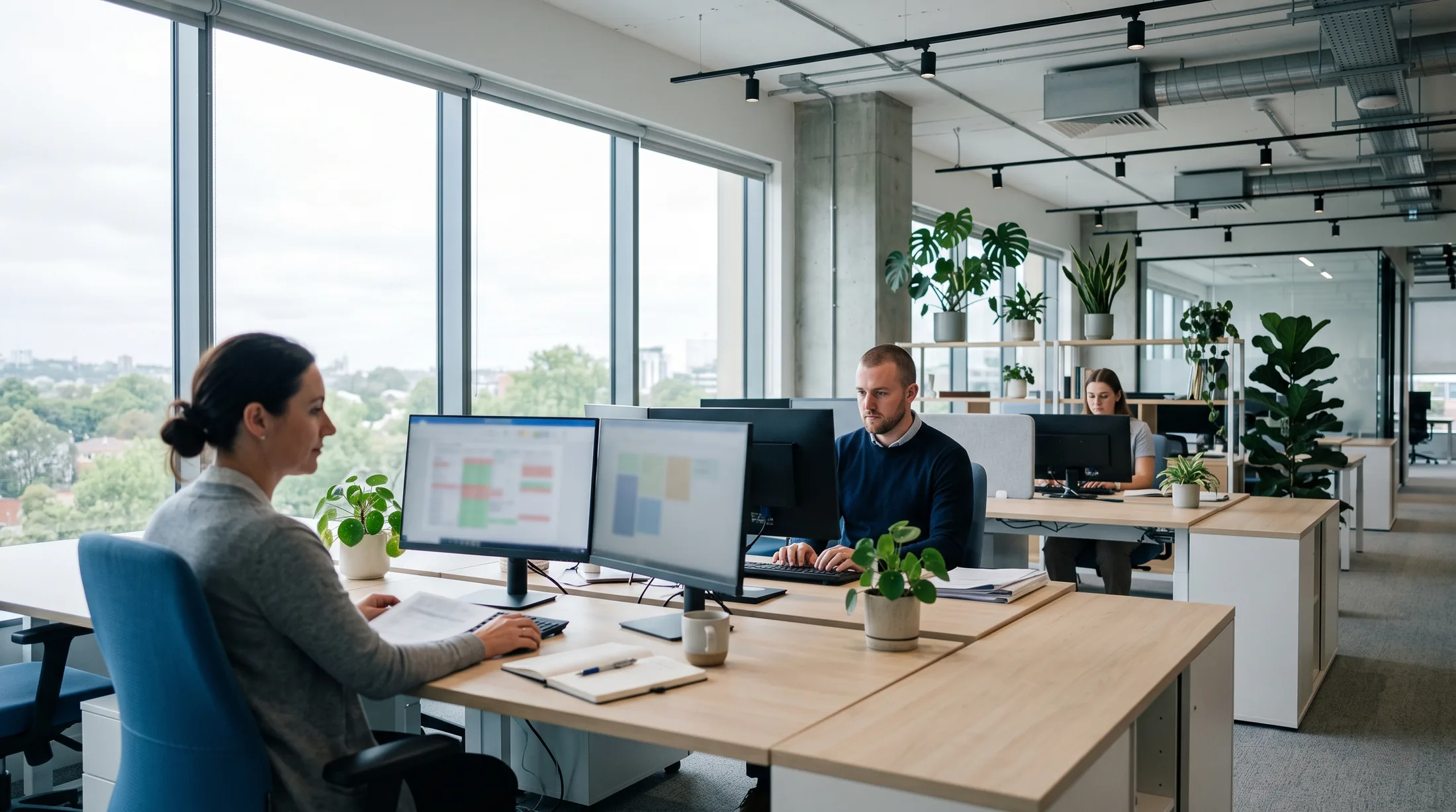 Property administration specialists working at dual-monitor desks in a bright open-plan office
