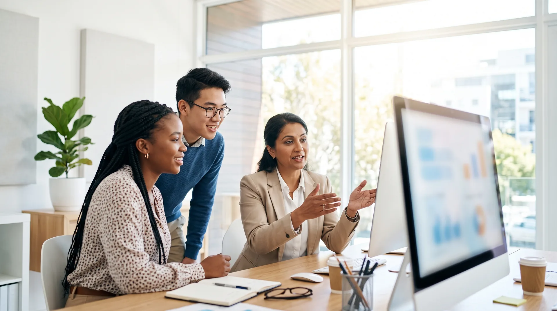 A trainer walking two new team members through a property management workflow at a screen