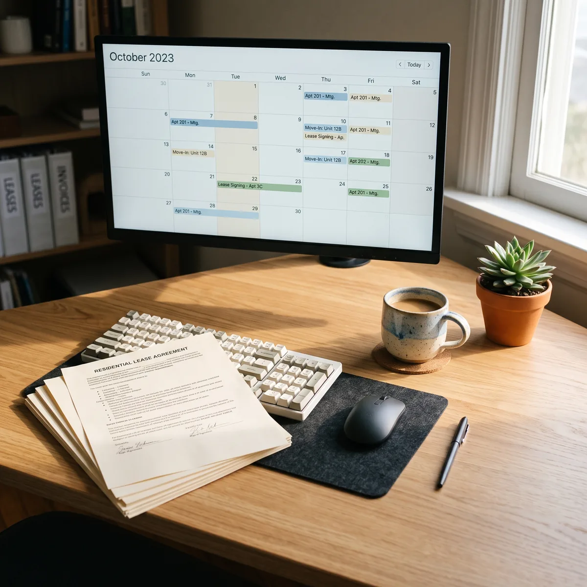A property administrator's desk with lease paperwork, a keyboard and a scheduling calendar on screen