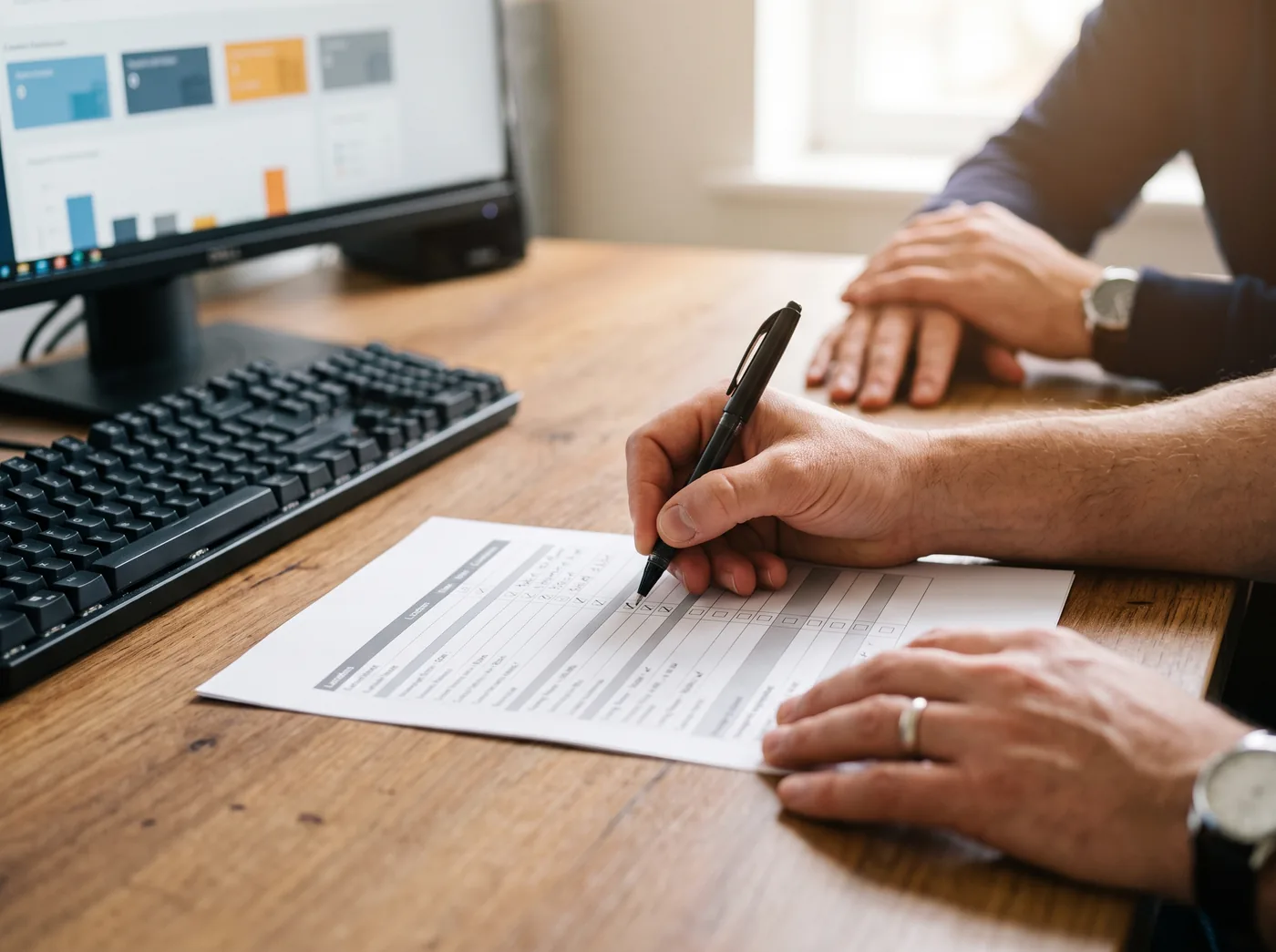 Hands annotating a printed property inspection checklist beside a monitor showing a reporting dashboard